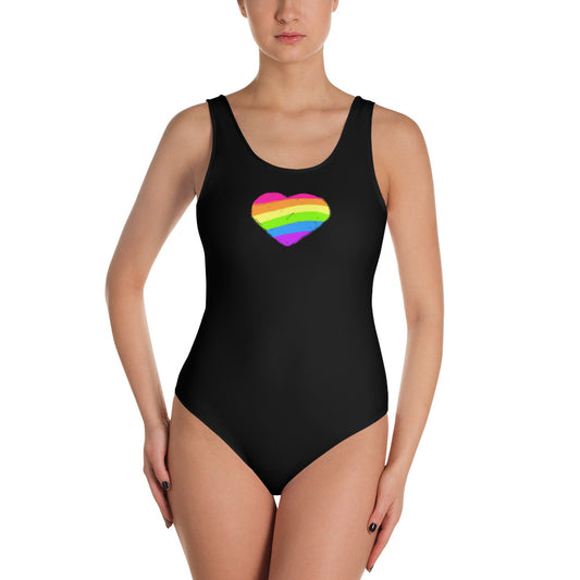 LGBTQ Rainbow Heart One-Piece Swimsuit, swimwear, HEED THE HUM