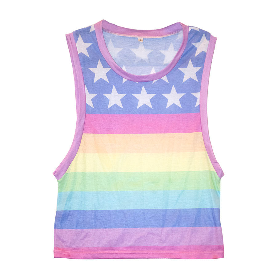 Rainbow Pride Flag Muscle Tshirt Tee- Light Wash, Tank Top, HEED THE HUM