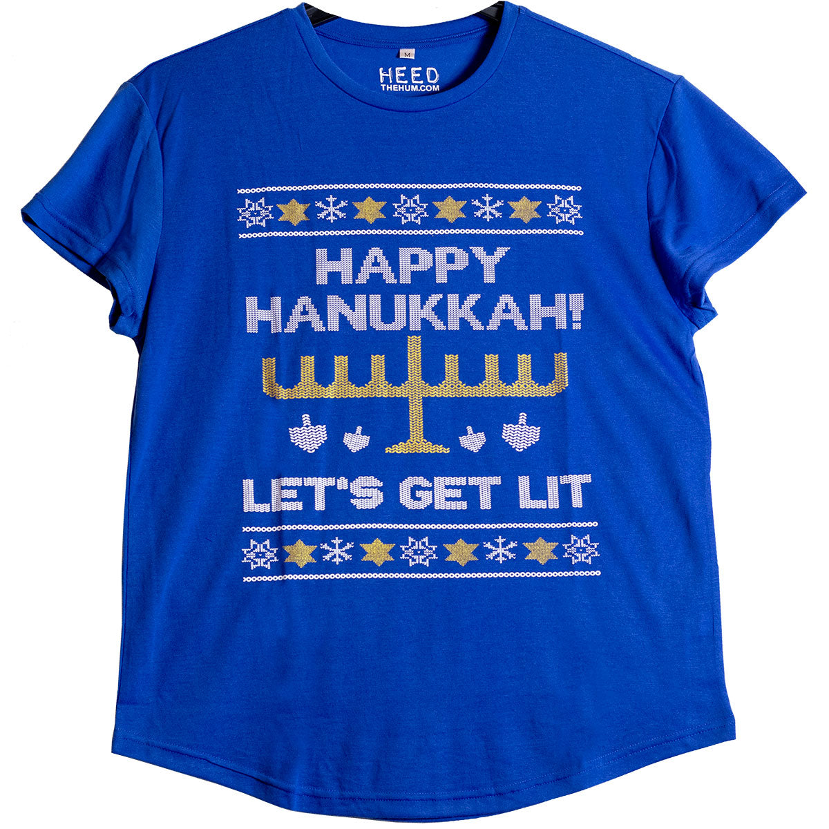 Happy Hanukkah - Let's Get Lit - Blue and Gold Unisex Holiday T-shirt (FREE SHIPPING), Shirt, HEED THE HUM