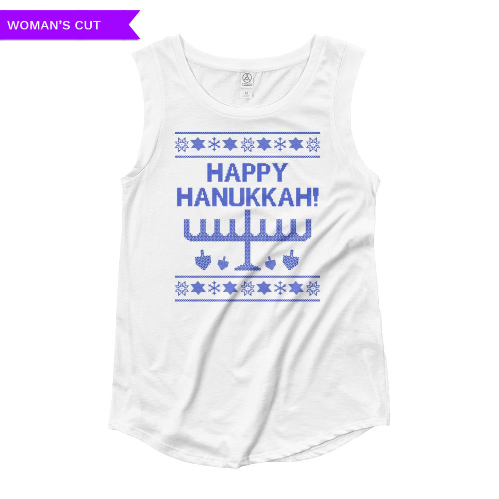 Happy Hanukkah Ugly Christmas Sweater Women's Cut Cap Sleeve T-Shirt, Shirts, HEED THE HUM