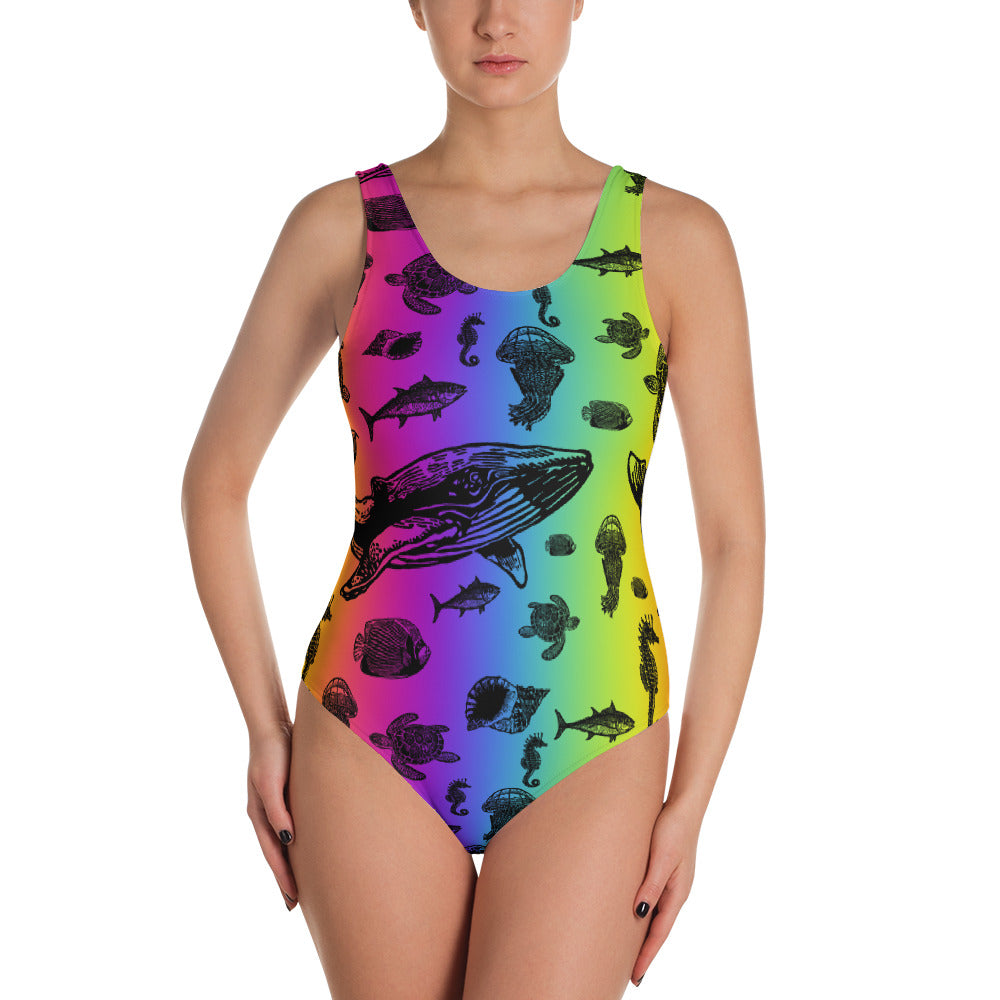 Rainbow Stripes Sea Life One-Piece Swimsuit Bathing Suit, swimwear, HEED THE HUM
