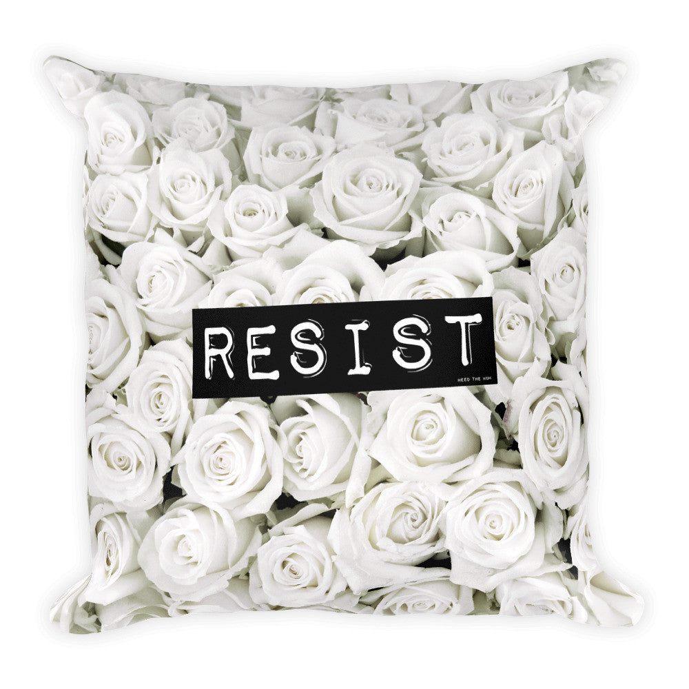Roses Resist White Square Throw Pillow, Pillow, HEED THE HUM