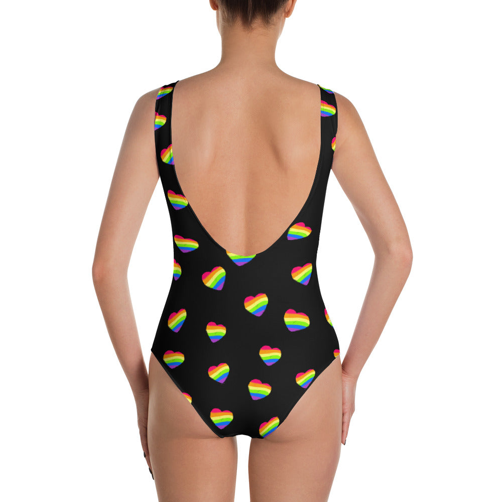 LGBTQ Rainbow Heart One-Piece Swimsuit, swimwear, HEED THE HUM