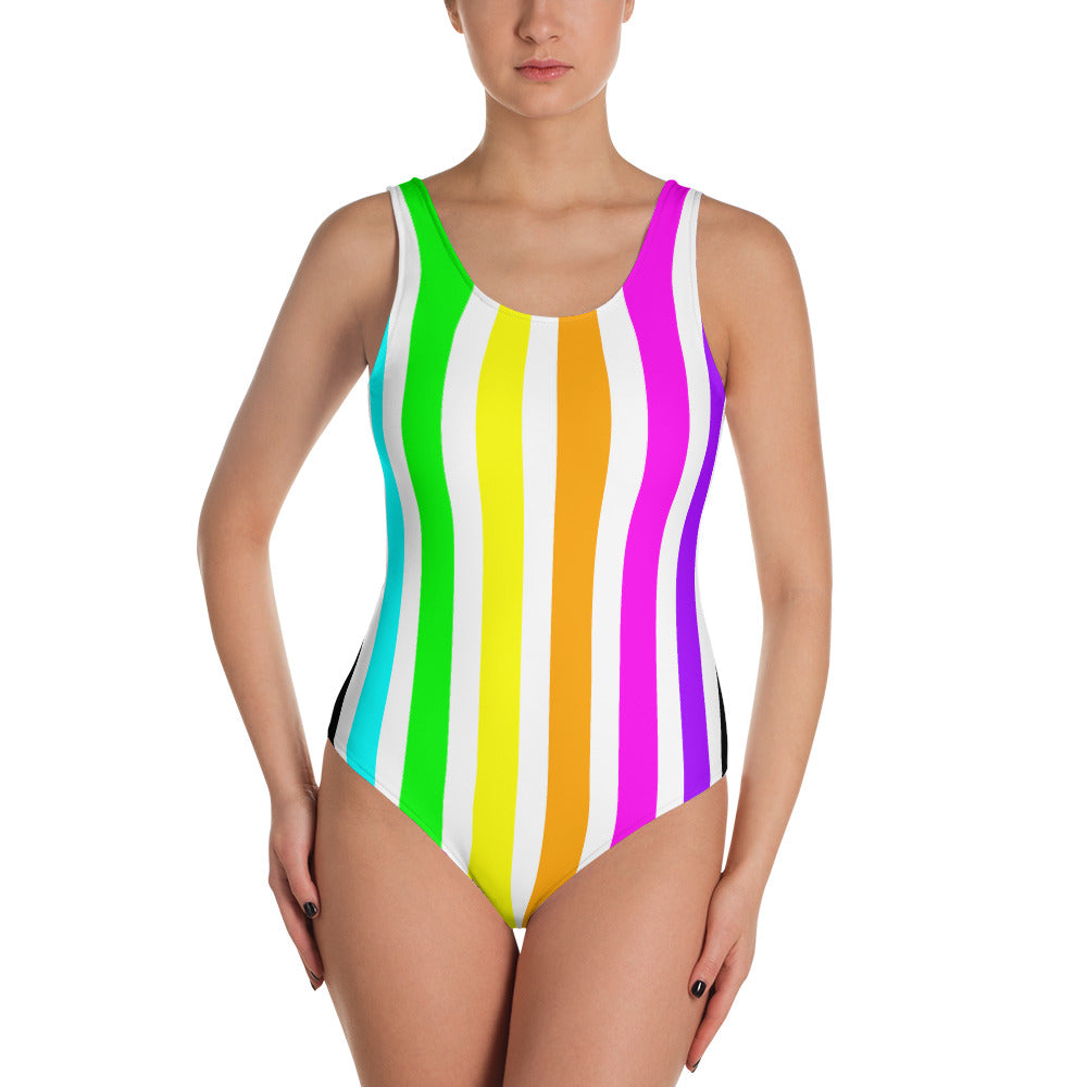 Rainbow Stripes Vertical One-Piece Swimsuit, swimwear, HEED THE HUM