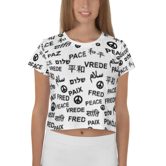 Peace All-Over Print White Crop Top Tee, Shirts, HEED THE HUM