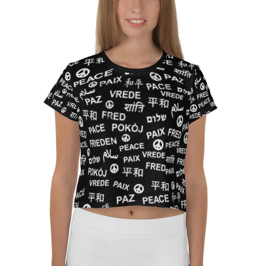 Peace All-Over Print Black Crop Top Tee, shirts, HEED THE HUM